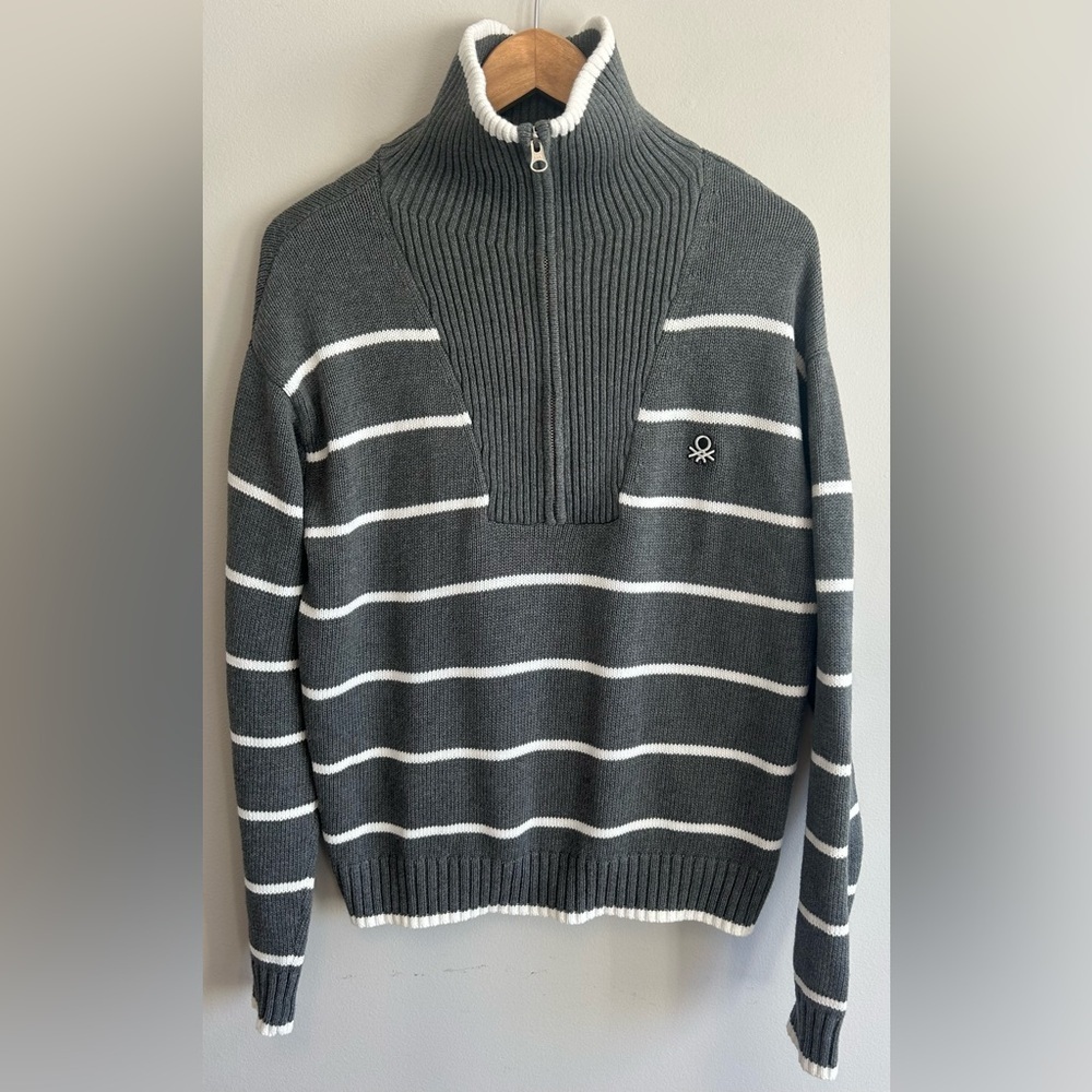 United Colors Of Benetton Women's 1/4 Quarter Zip Sweater Grey & White - Size M
